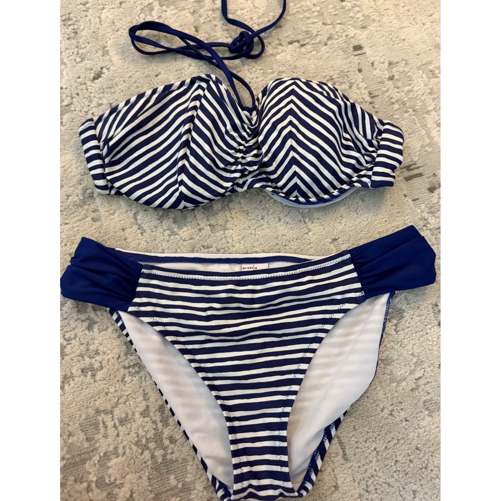 Profile Blush Navy White Striped Bikini Set Halter‎ Top F Cup Bottoms Large